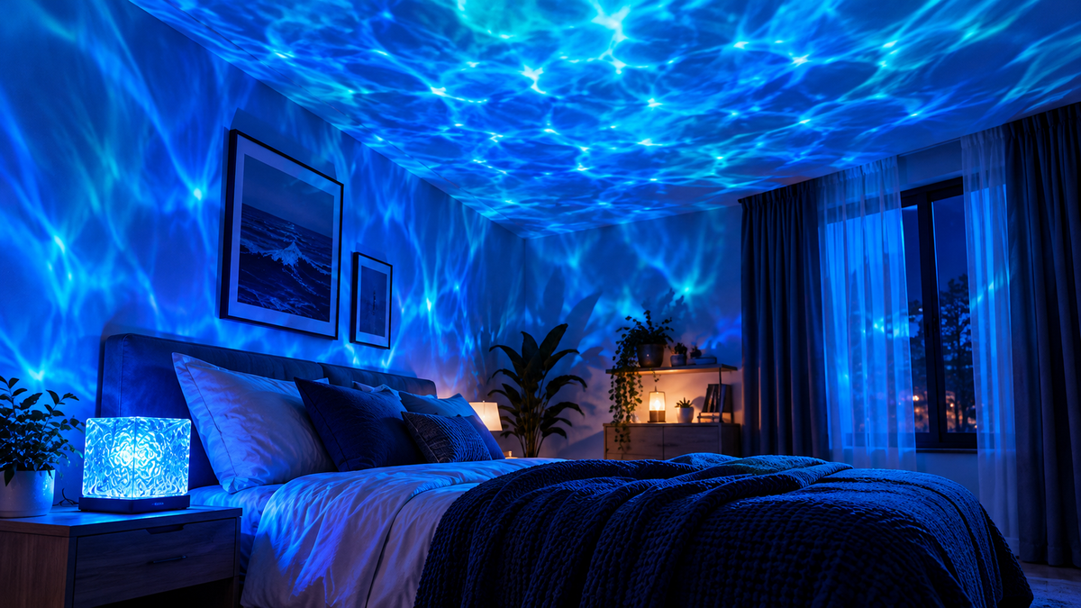 NorvaGlow ocean wave projector lighting a bedroom